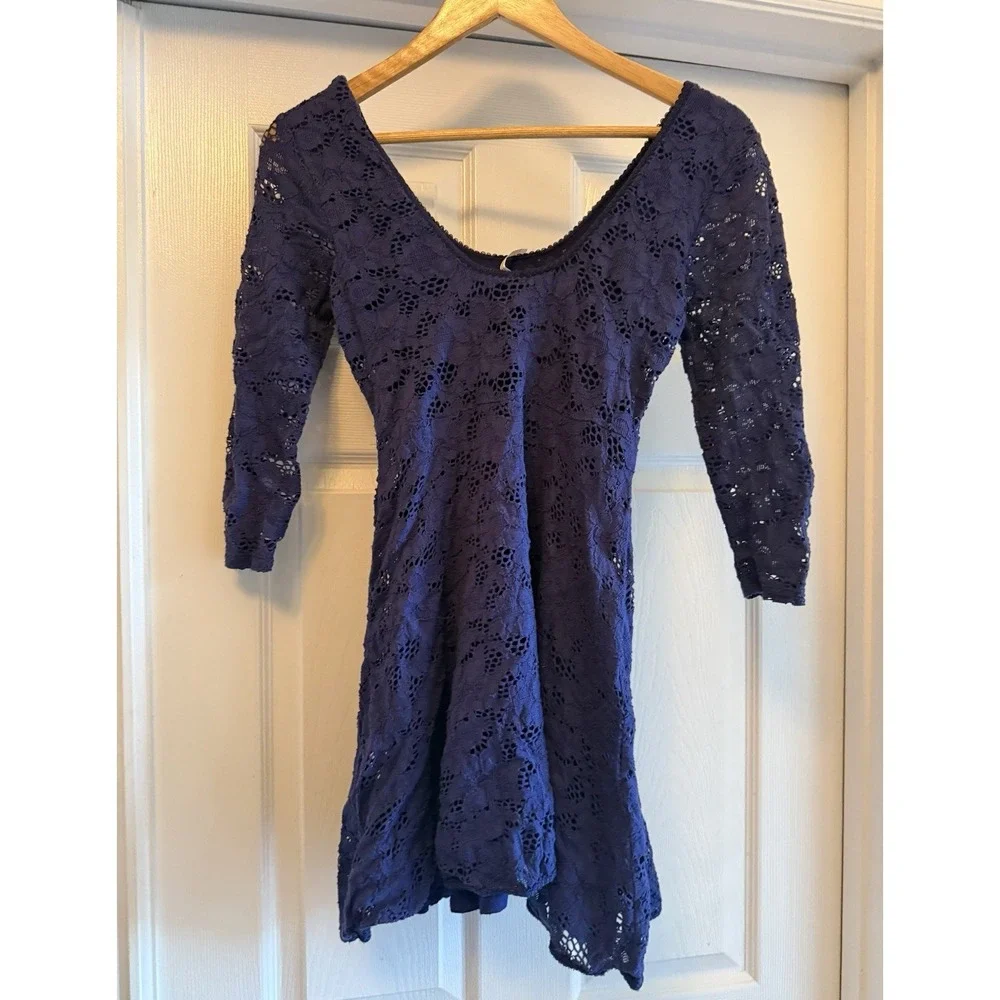 Free People Lace Mini Dress Womens XS Purple 3/4 Sleeve Scoop Neck Boho Floral